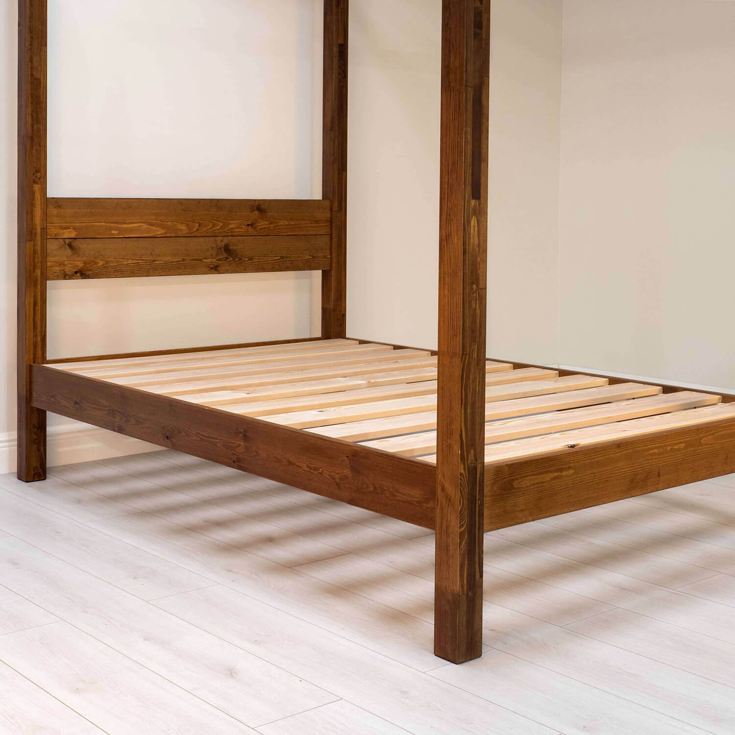 Model 06 - Four Poster Wooden Bed - Solid Pine - Walnut Finish