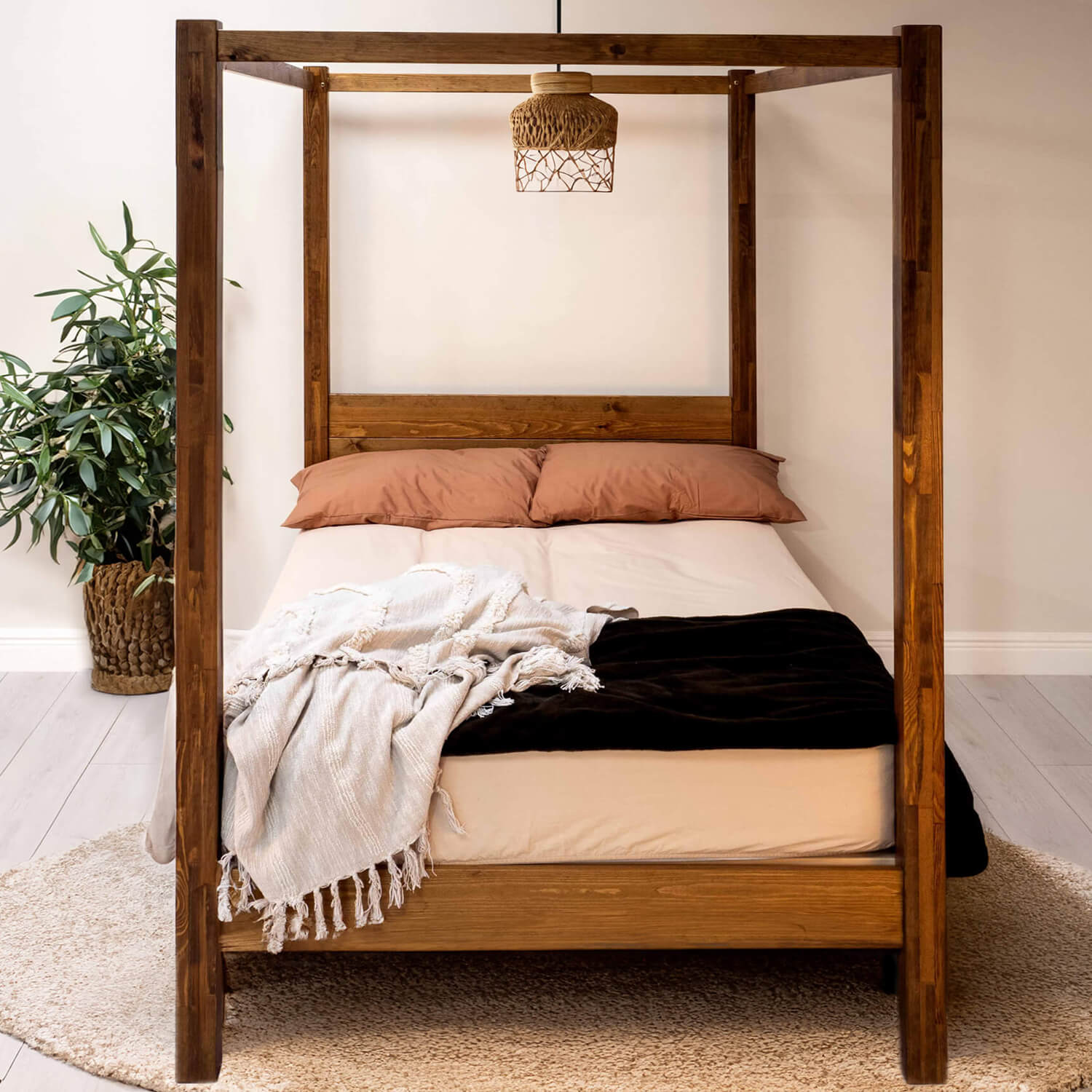 Model 06 - Four Poster Wooden Bed - Solid Pine - Walnut Finish