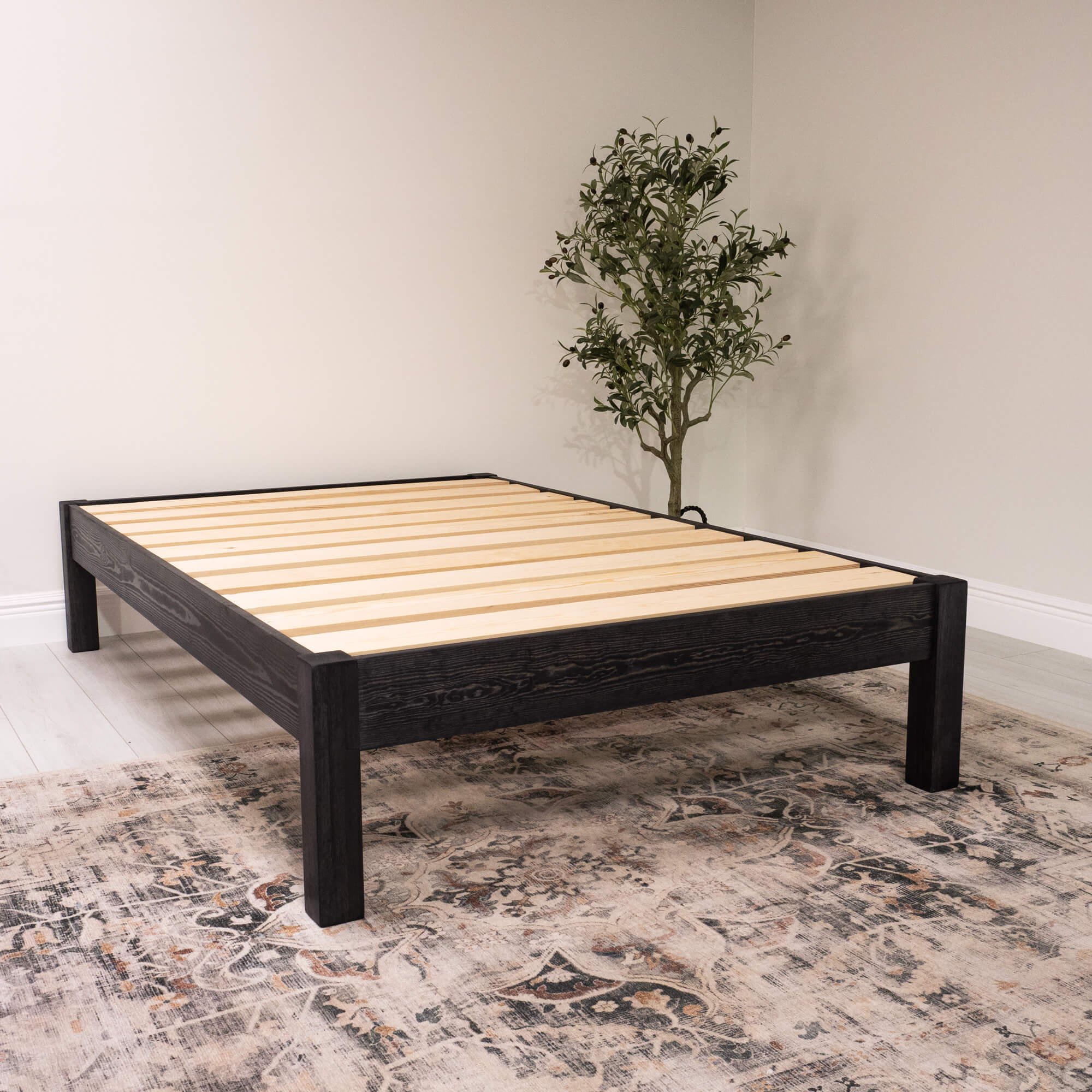 Model 02 - Wooden Platform Bed, No Headboard - Pine - Black Finish