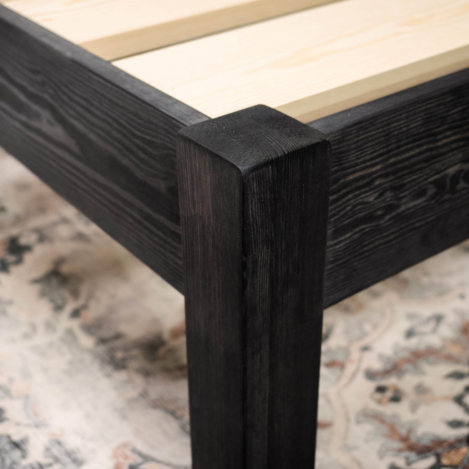Model 02 - Wooden Platform Bed, - Pine - Black Finish