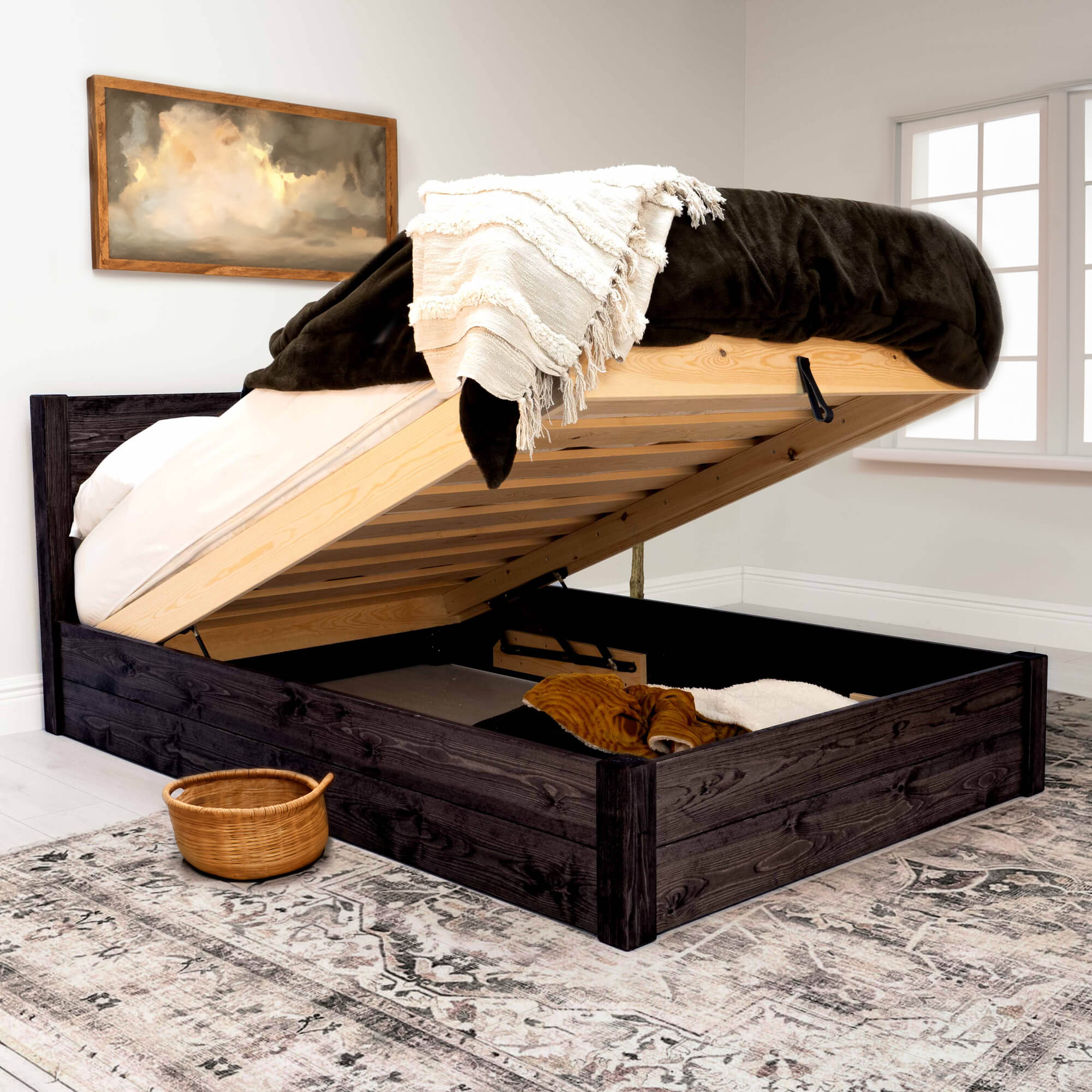 Model 05 - Wooden Ottoman Bed - Solid Pine - Black Finish
