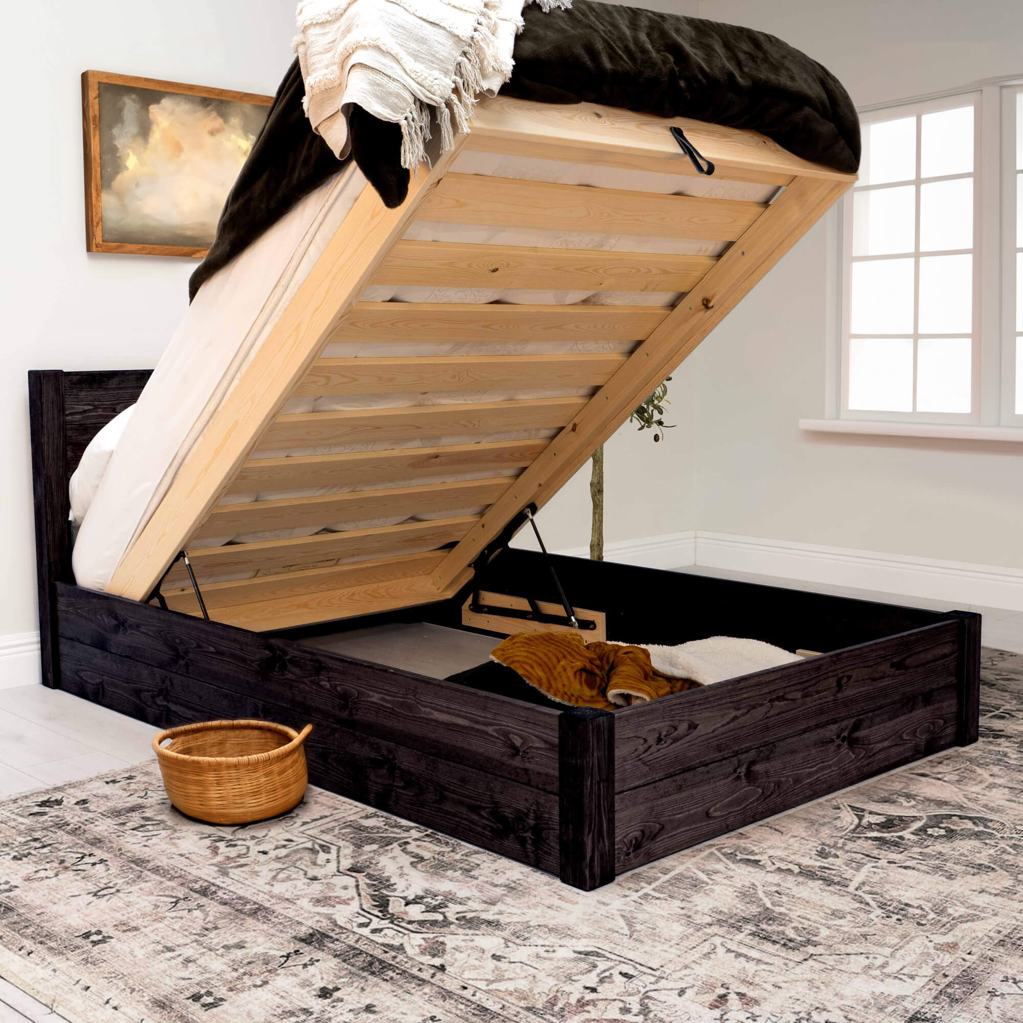 Model 05 - Wooden Ottoman Bed - Solid Pine - Black Finish