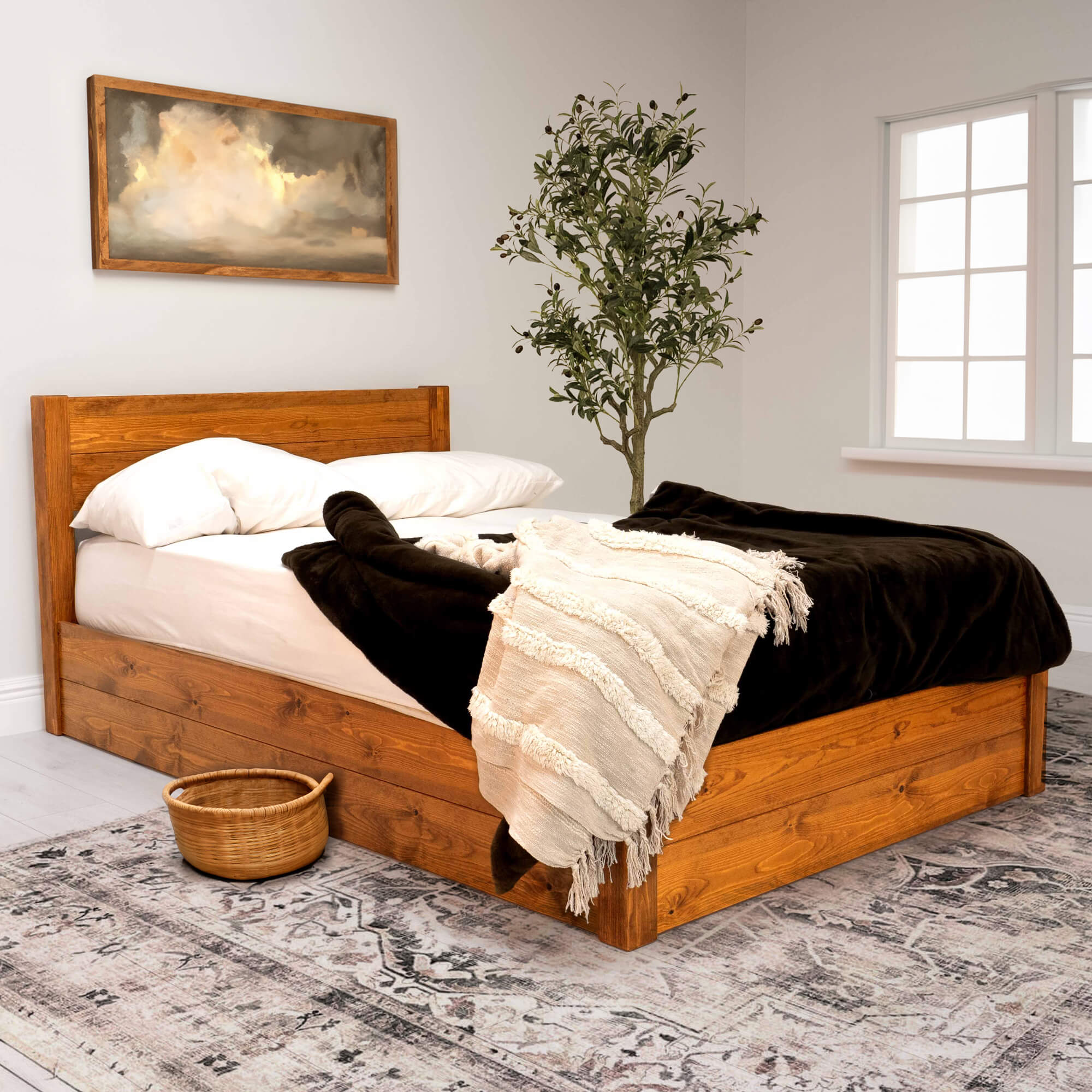 Model 05 - Wooden Ottoman Bed - Solid Pine - Medium Finish