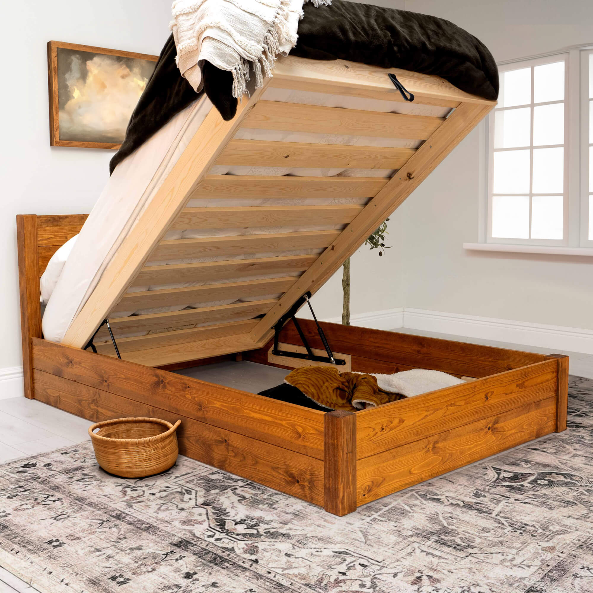 Model 05 - Wooden Ottoman Bed - Solid Pine - Medium Finish