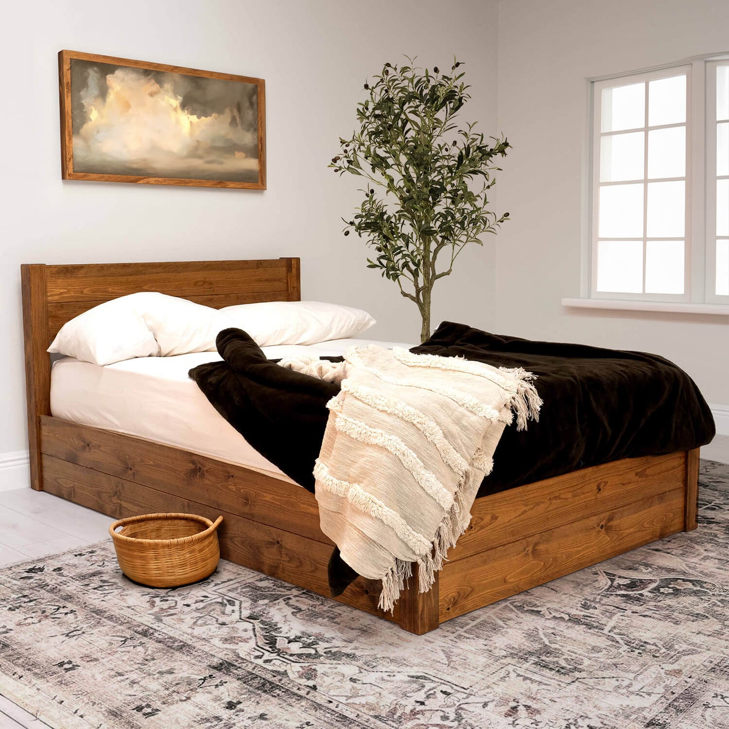 Model 05 - Wooden Ottoman Bed - Solid Pine - Walnut Finish