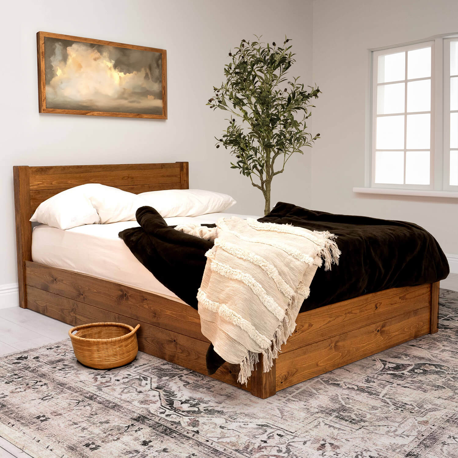 Model 05 - Wooden Ottoman Bed - Solid Pine - Walnut Finish