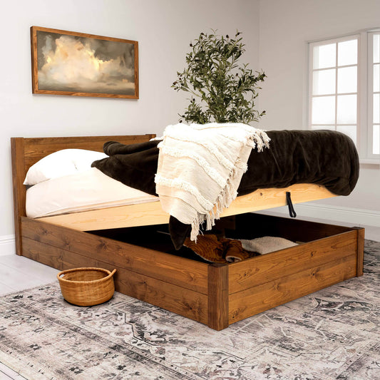 Model 05 - Wooden Ottoman Bed - Solid Pine - Walnut Finish