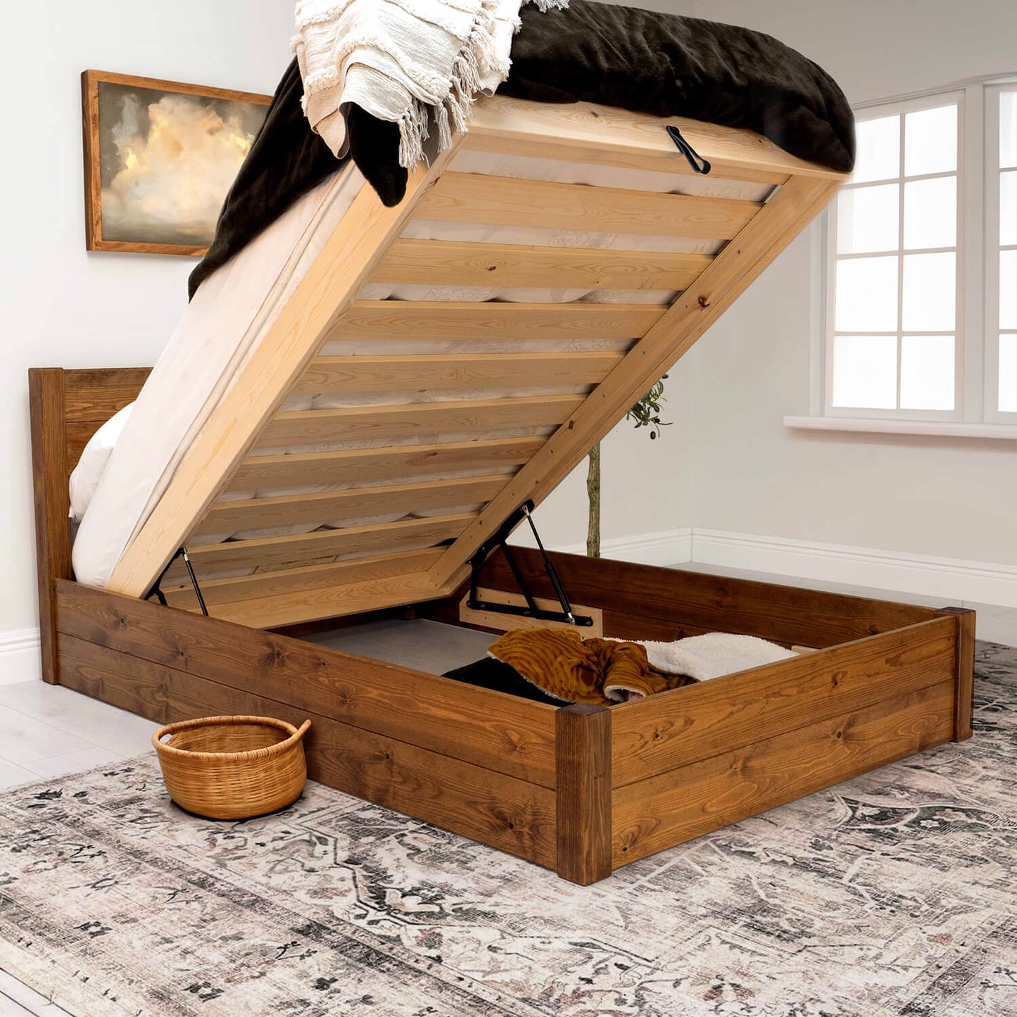 Model 05 - Wooden Ottoman Bed - Solid Pine - Walnut Finish