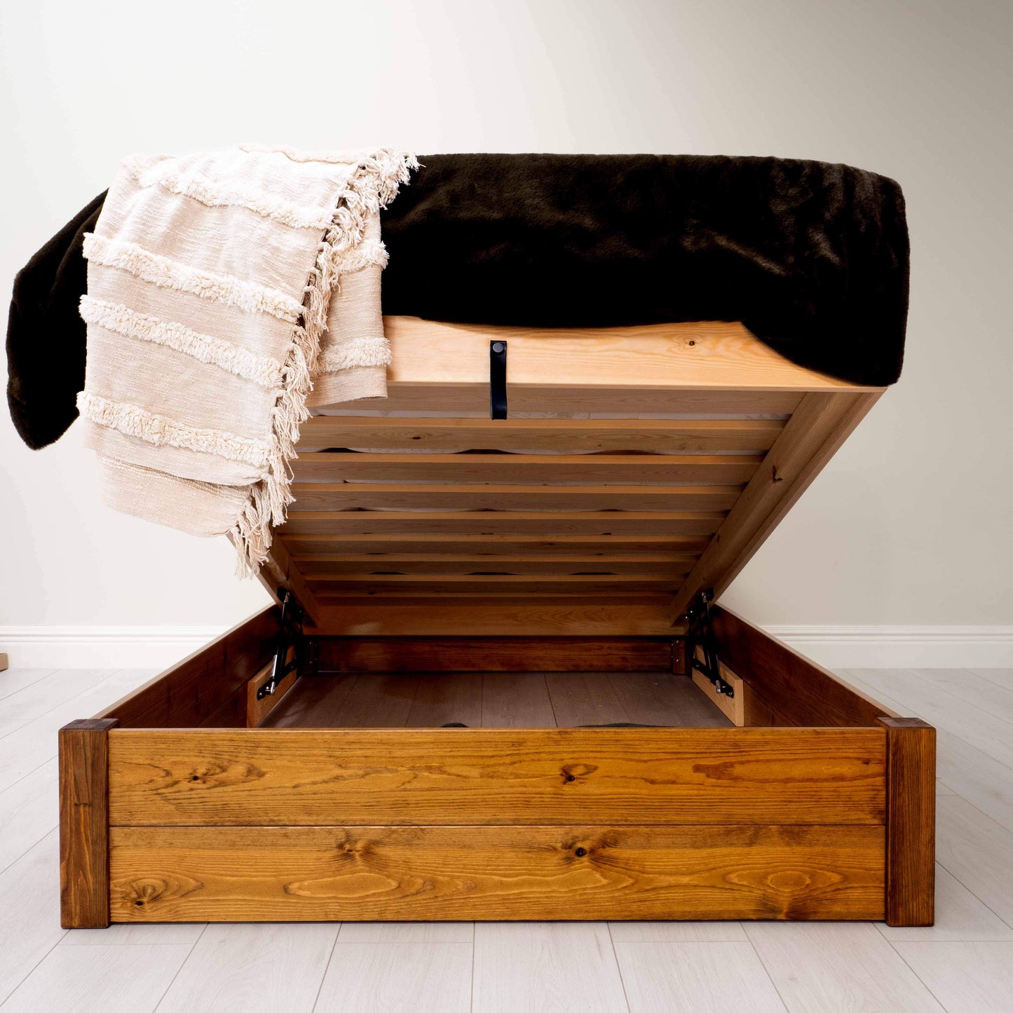 Model 05 - Wooden Ottoman Bed - Solid Pine - Walnut Finish